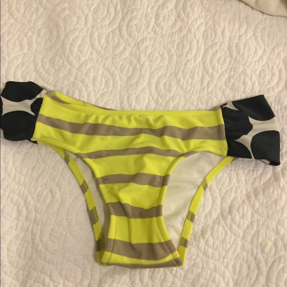 Neon striped bikini bottoms with black polka dots